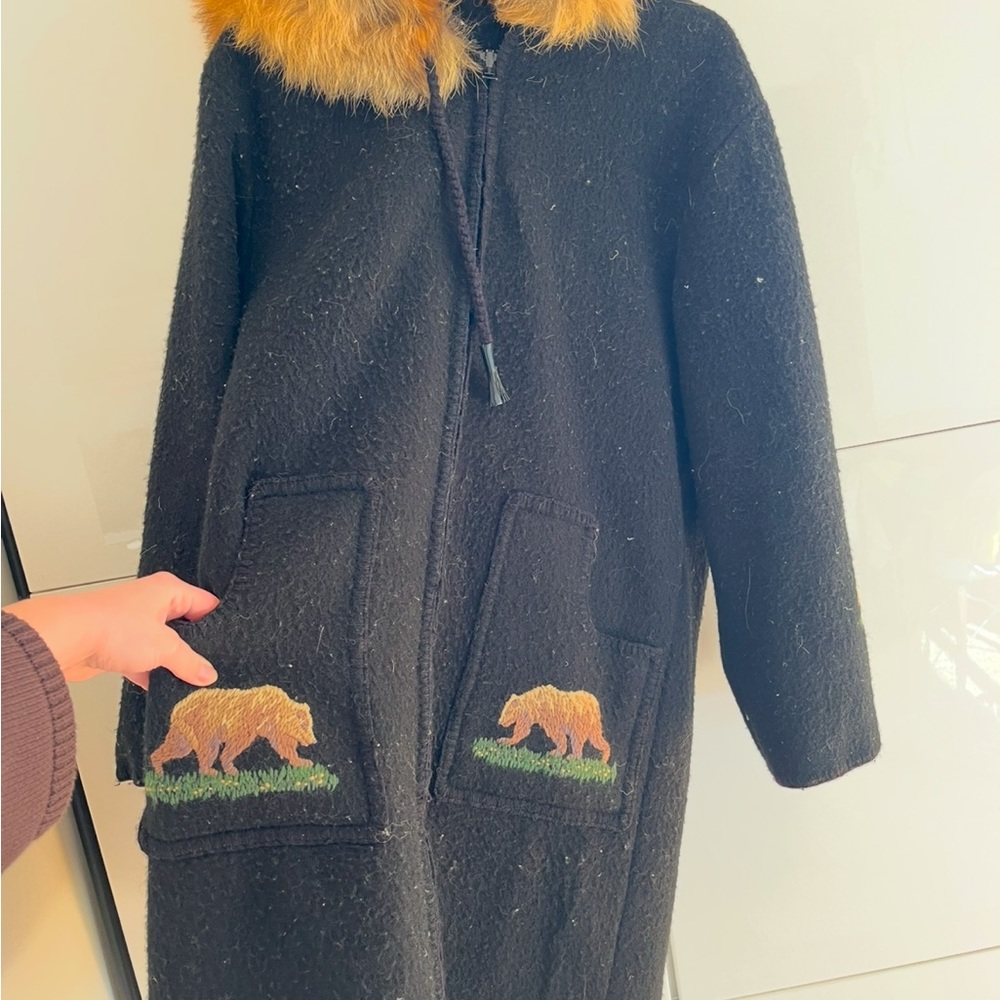 Black wool embroidered parka with fur hood